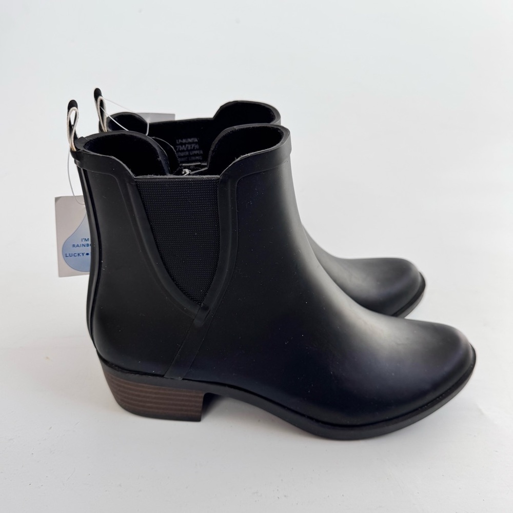 NWT Lucky Brand Women's Basel H2O Booties Heeled Rain Boots Black Size 7